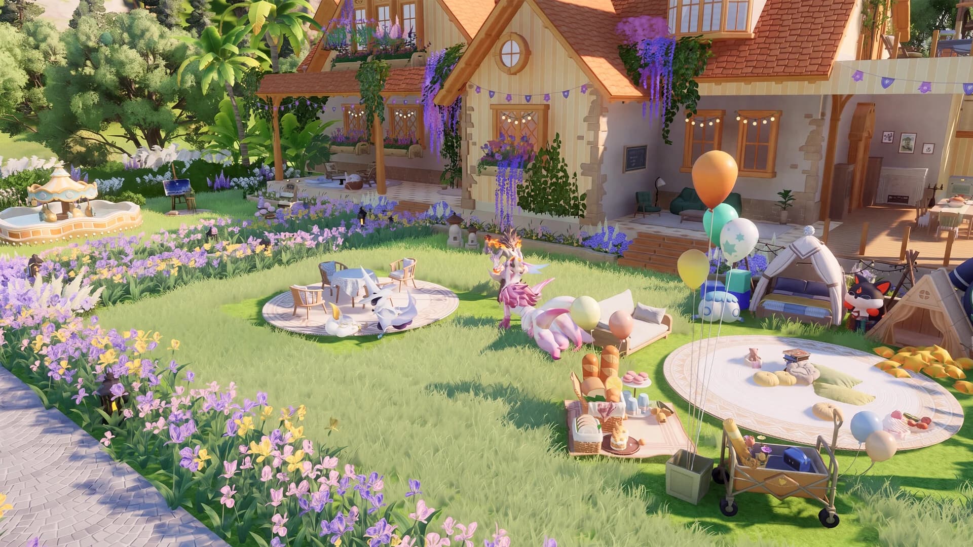 Official Aniimo promotional scene showing a furnished garden outside a house, with companions gathered around tables.