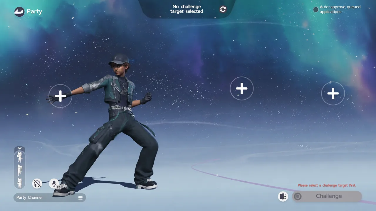 Aniimo Party screen with a door-shaped exit control at the bottom right, immediately left of Challenge.